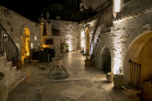Cave hotel courtyard night